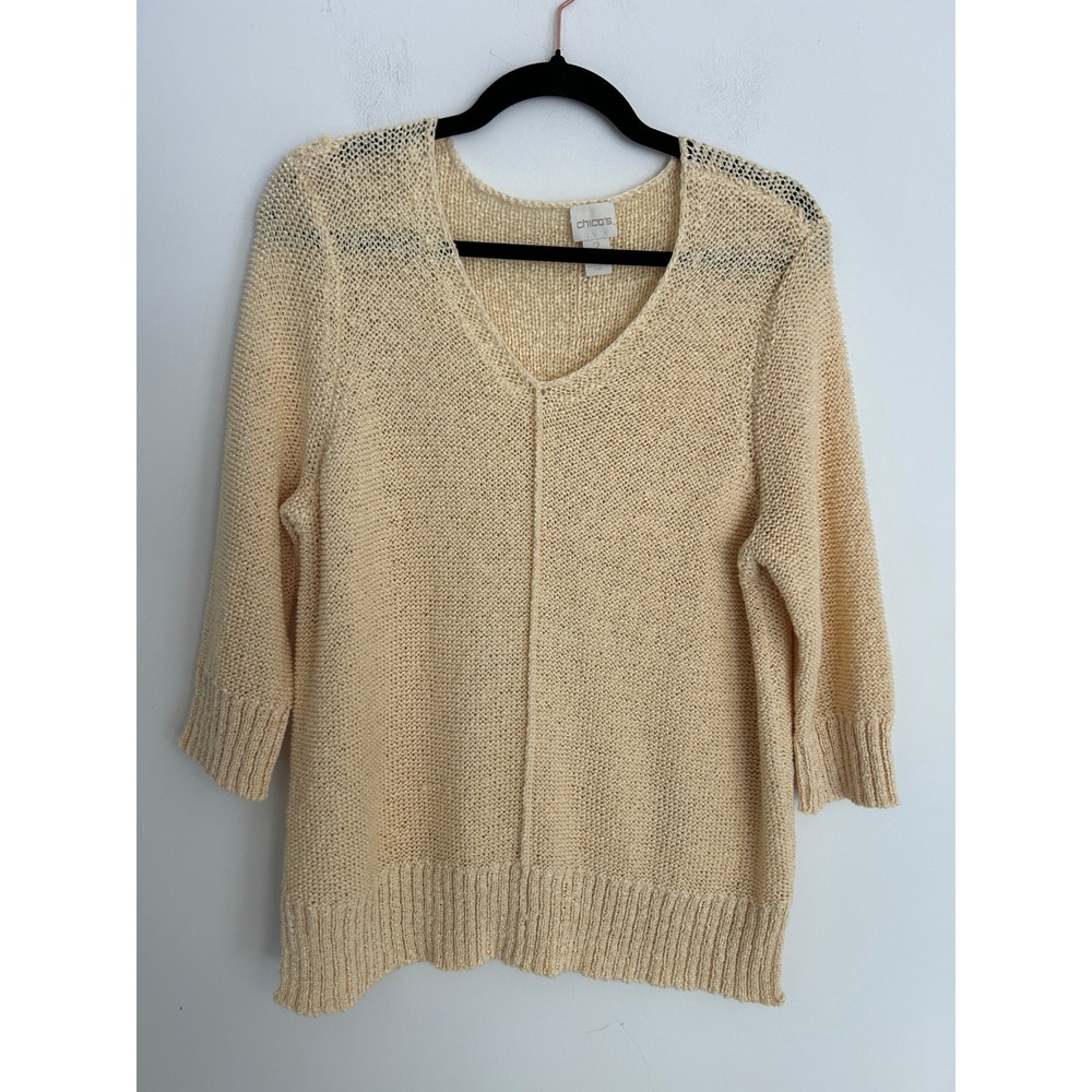 Chicos V-Neck Open Knit Sweater Cream Yellow 3/4 Sleeve Cotton Blend Size 2 L